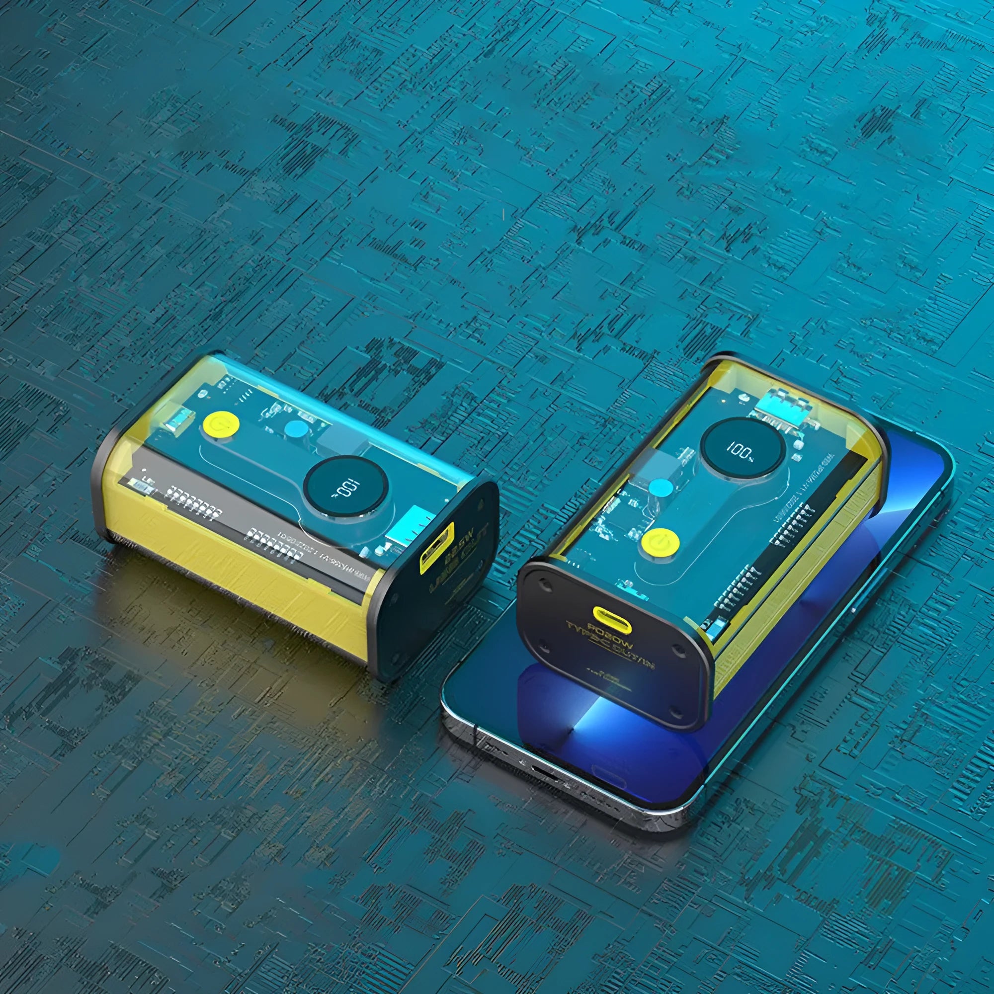 Transparent industrial power bank showing internal aluminium battery cells with 10000mAh capacity