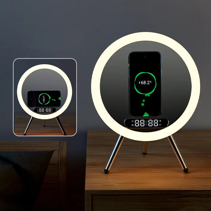 Multi-function LED mirror alarm clock with wireless charger and Bluetooth speaker in white and blue