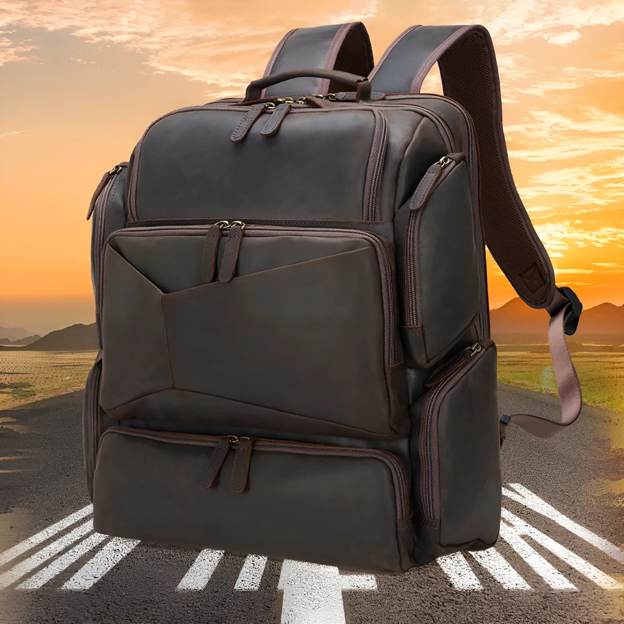 Dark brown genuine leather men's backpack open to show 17-inch laptop compartment and internal organiser pockets.