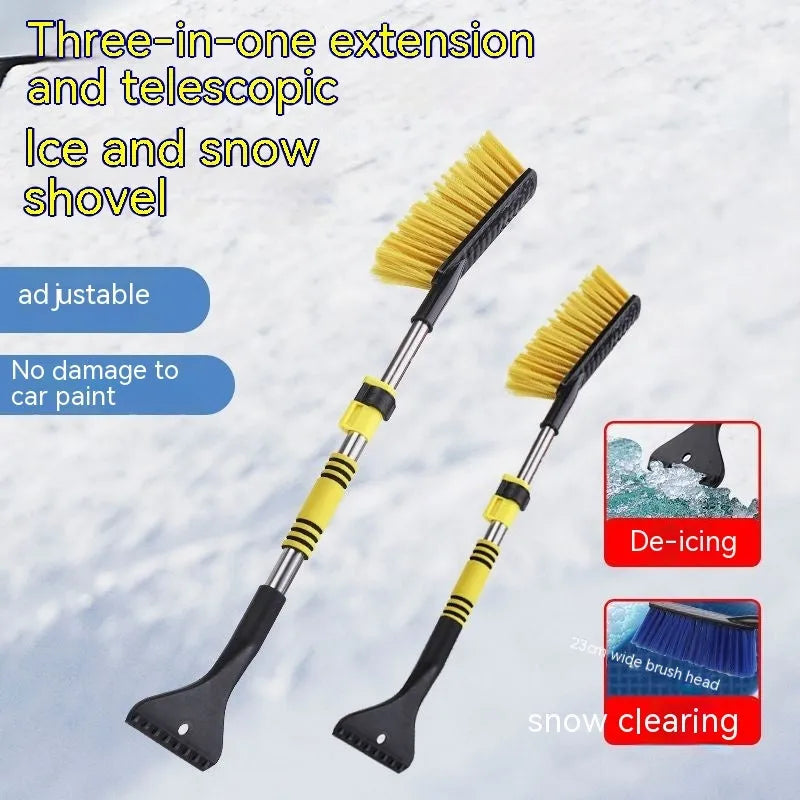 Yellow and blue telescopic car snow brushes with long handles for winter vehicle defrosting