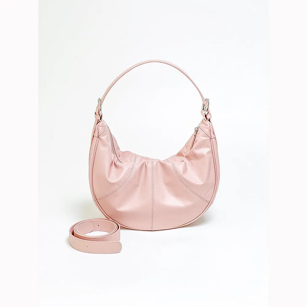 Women's black dumpling-shaped cowhide leather shoulder bag with double strap