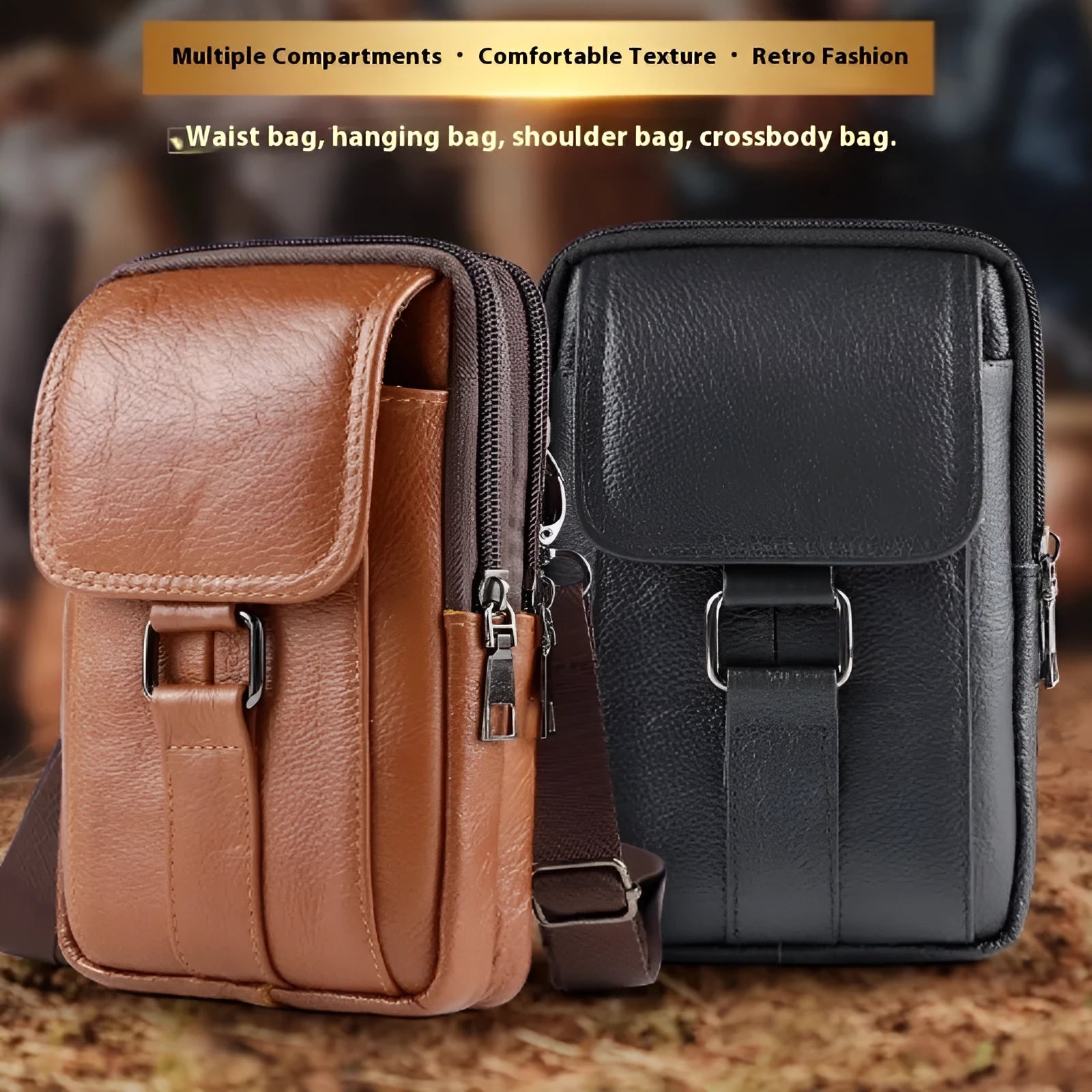 Men's black genuine leather square crossbody waist bag with a lock and coin pocket.