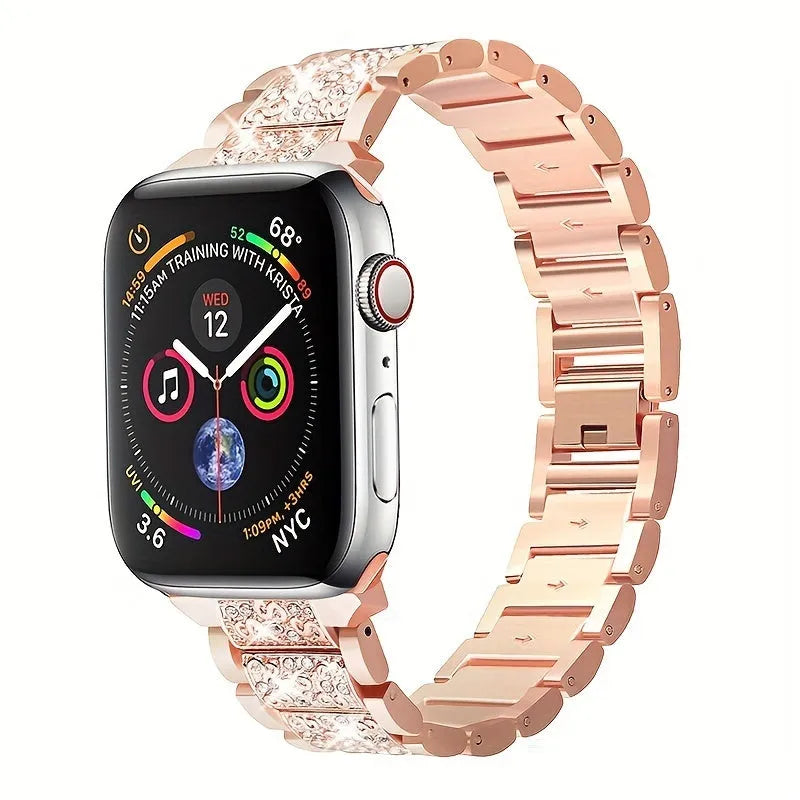 Metal diamond-encrusted watch band in rose gold colour with sparkling links