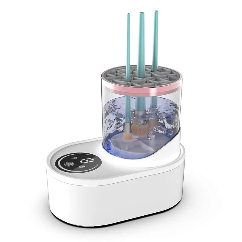 White rechargeable electric makeup brush cleaner with drying chamber and control buttons