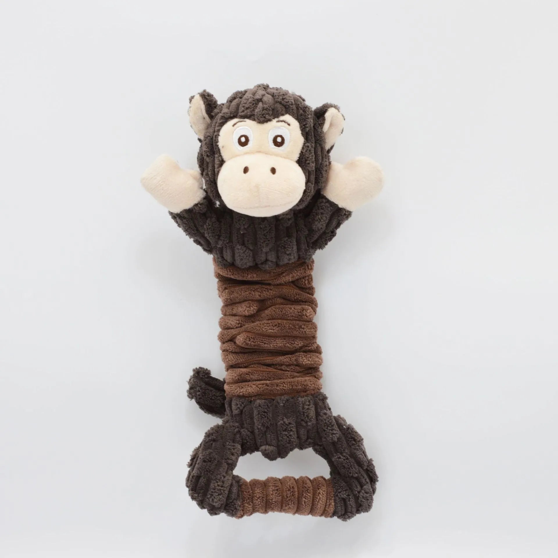 Large plush hippo or monkey dog toy with a handle, shown for interactive squeaky and tug-of-war play.