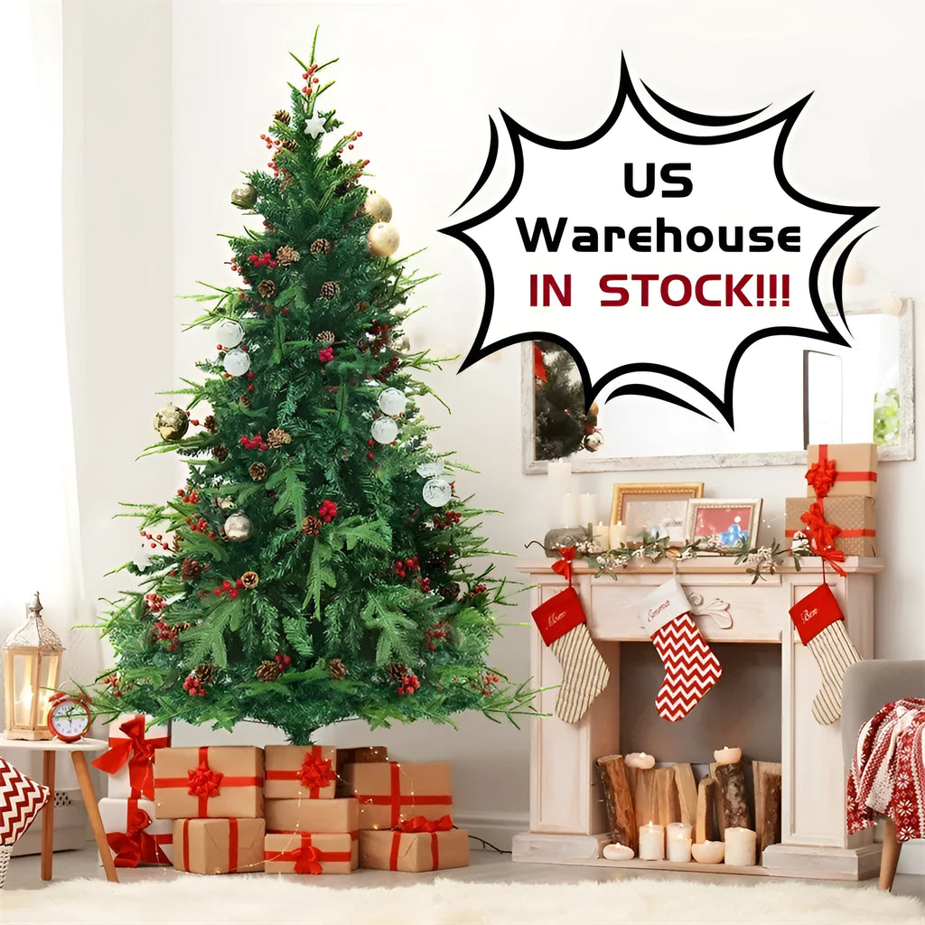 Green and white snow-covered artificial PVC Christmas tree with metal stand
