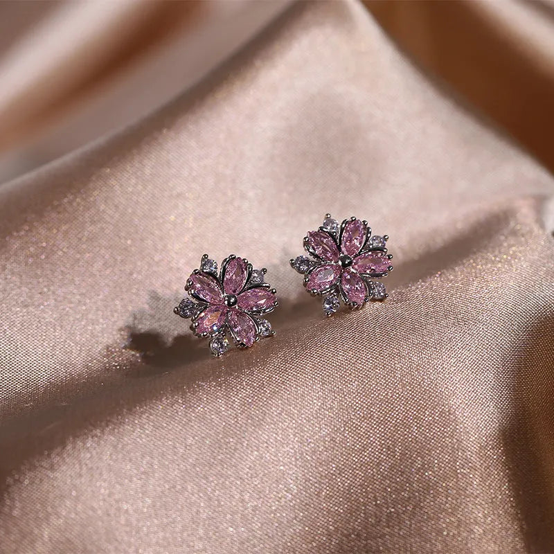 Double-layer flower cubic zirconia jewellery set: ring, stud earrings, and necklace in white copper, pink diamond colour option