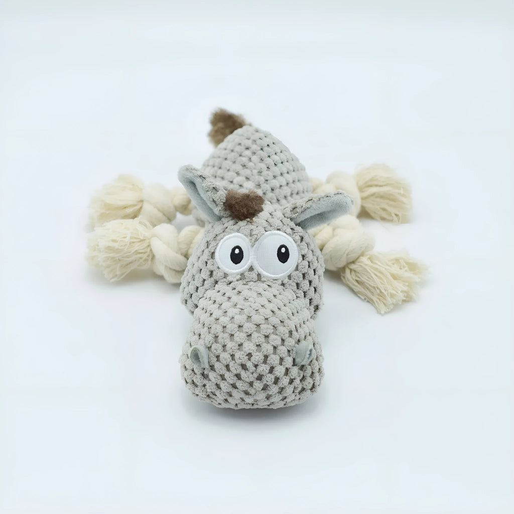 Grey donkey plush dog toy with creak sound mechanism measuring 27 x 20 x 9.5 cm