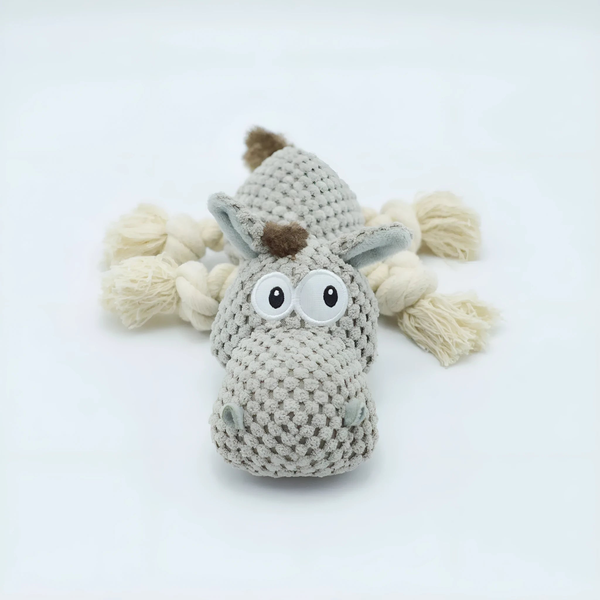 Grey donkey plush dog toy with creak sound mechanism measuring 27 x 20 x 9.5 cm