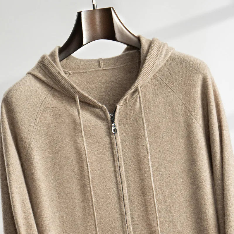 Men's cashmere zip-up knit cardigan jacket in Elegant Camel, loose fit, hooded, front view