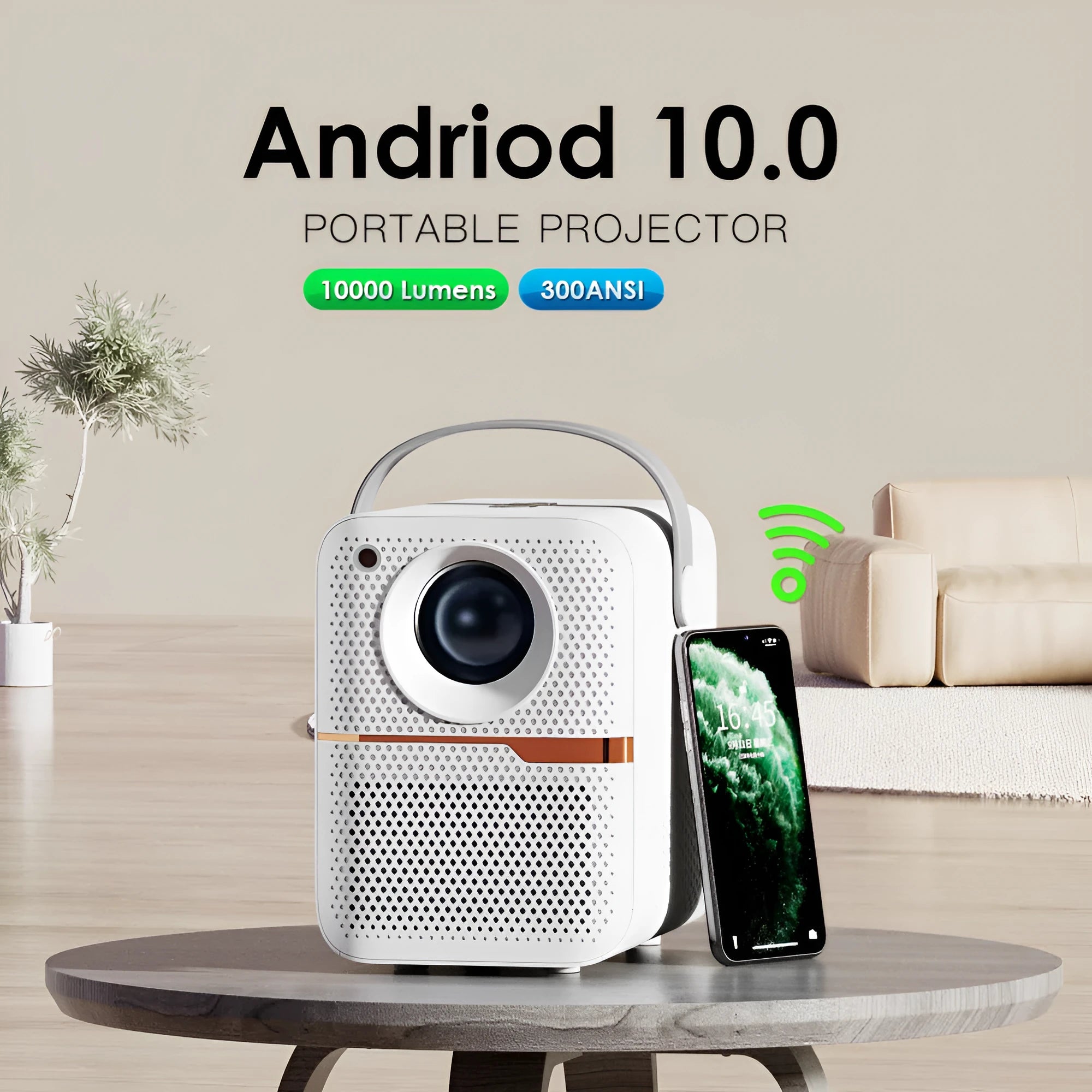 P10 2023 mini portable LCD projector in black, 720p resolution, Android system, with UK plug