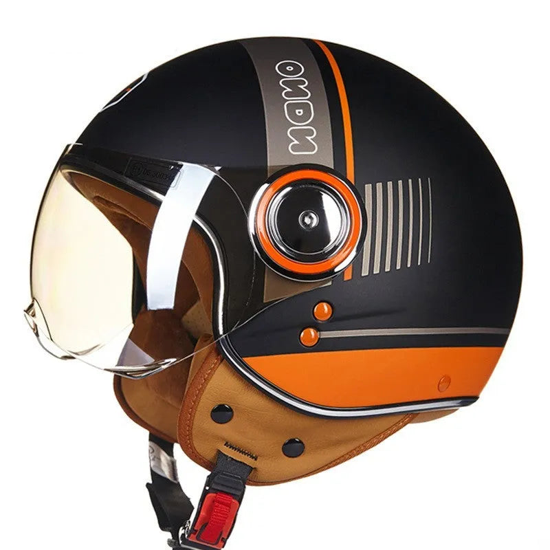 Retro-style half helmet for battery cars in bright blue and red colour combination showing ABS construction