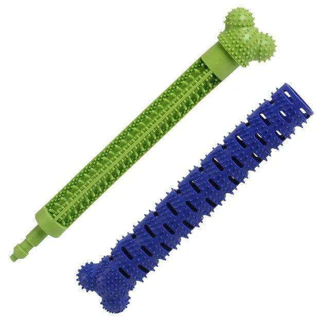 Blue green silicone dog dental cleaning stick chew toy with brush head texture, measuring 25 cm.