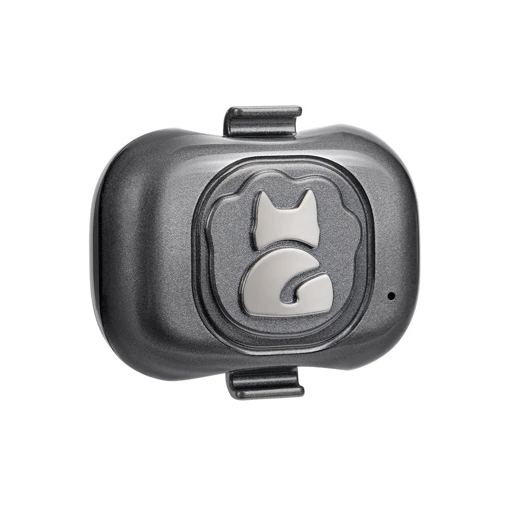 Black pet GPS locator tracker with hanging rope for attachment to dog or cat collars