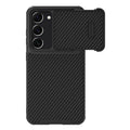 Black Samsung S23 Ultra mobile phone case with integrated lens push cover showing TPU, PC, and carbon fibre construction