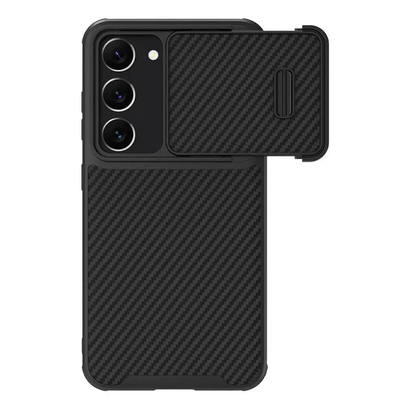 Black Samsung S23 Ultra mobile phone case with integrated lens push cover showing TPU, PC, and carbon fibre construction