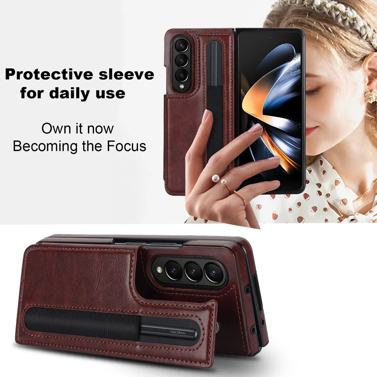 PU leather folding mobile phone case for Samsung Galaxy Z Fold with bracket, available in six colours.