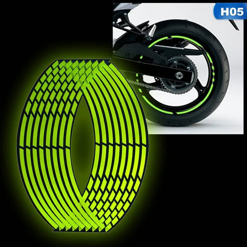 Green reflective PVC motorcycle wheel rim sticker on a 12-inch rim broken-section design