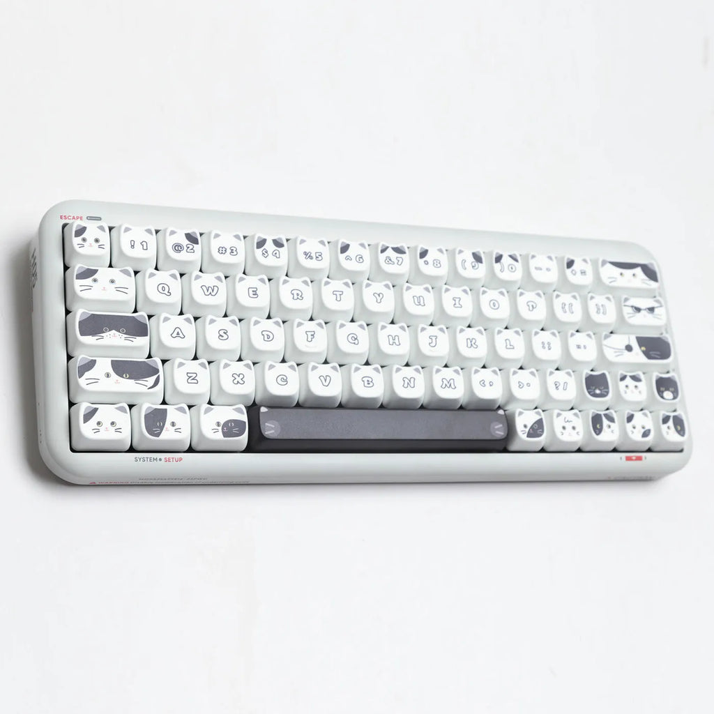 Black and white kitten sublimation key cap set for mechanical keyboards, PBT MAO profile, boxed packaging