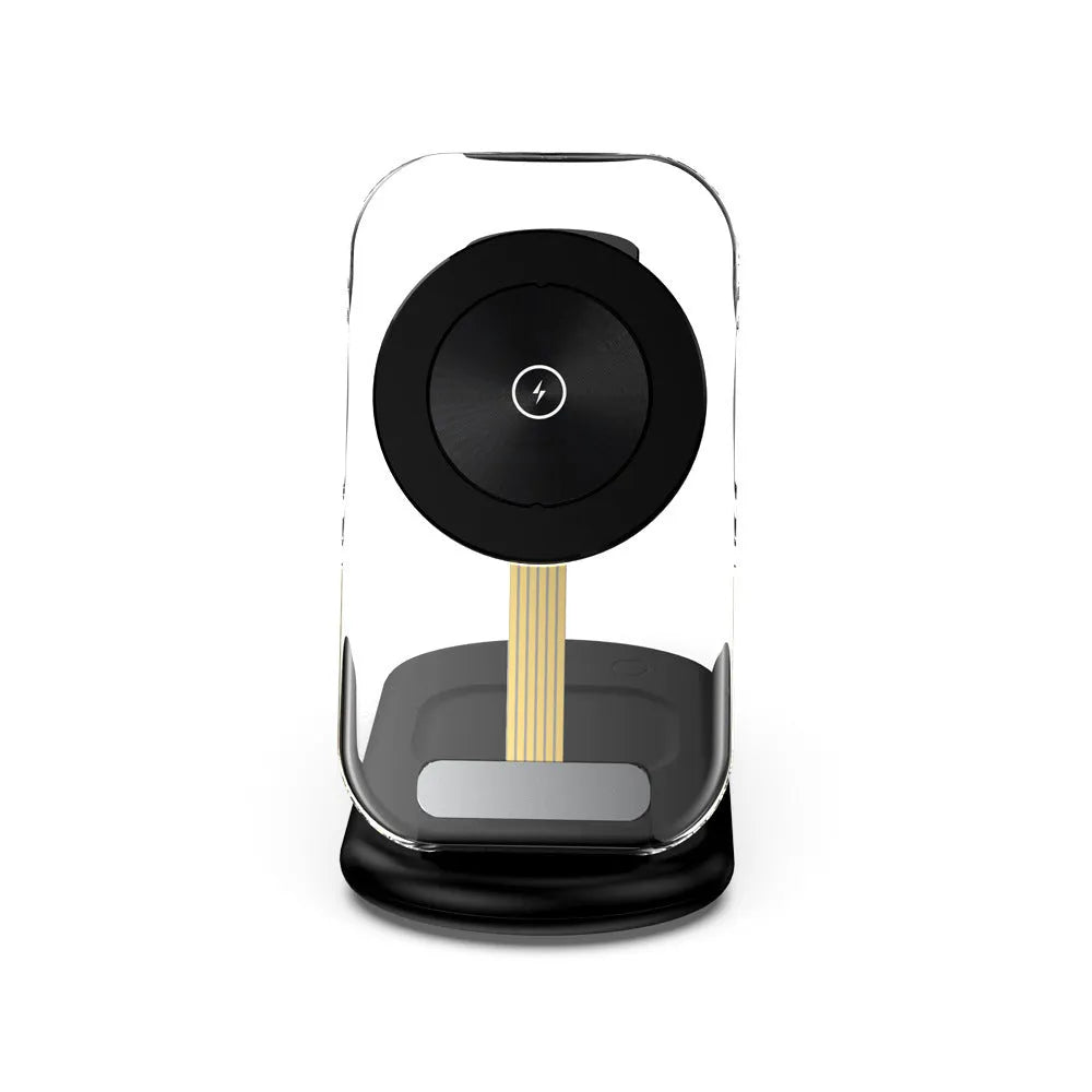 Transparent folding magnetic three-in-one wireless charger in black on a desk.