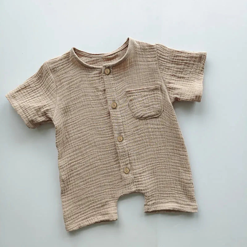 Cotton short-sleeved infant romper in peacock green, casual style for boys and girls, size 73