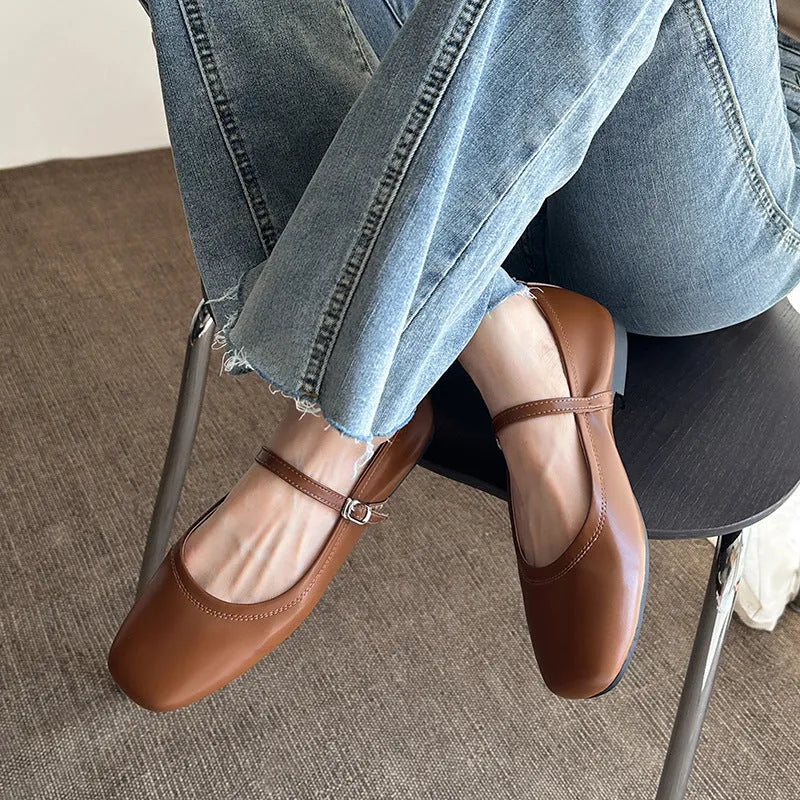 Mary Jane shoes retro flat bottom sheepskin pumps low heel round toe black brown white ladies footwear