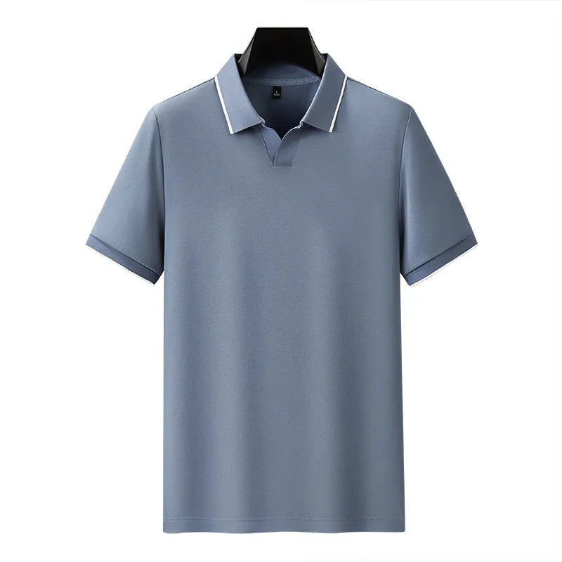 Men's short sleeve polo shirt with lapel collar in cotton blend fabric