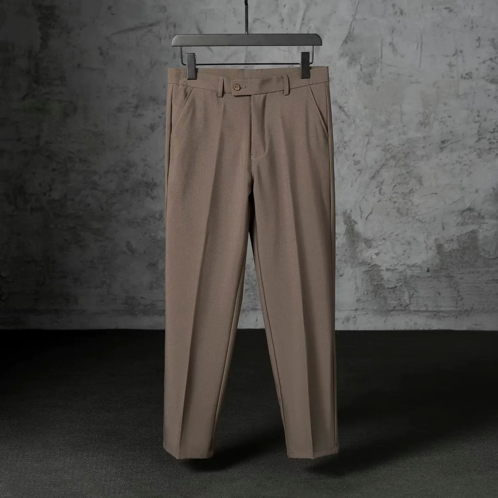 Men's straight loose fit brushed polyester trousers in khaki, side view, size 32