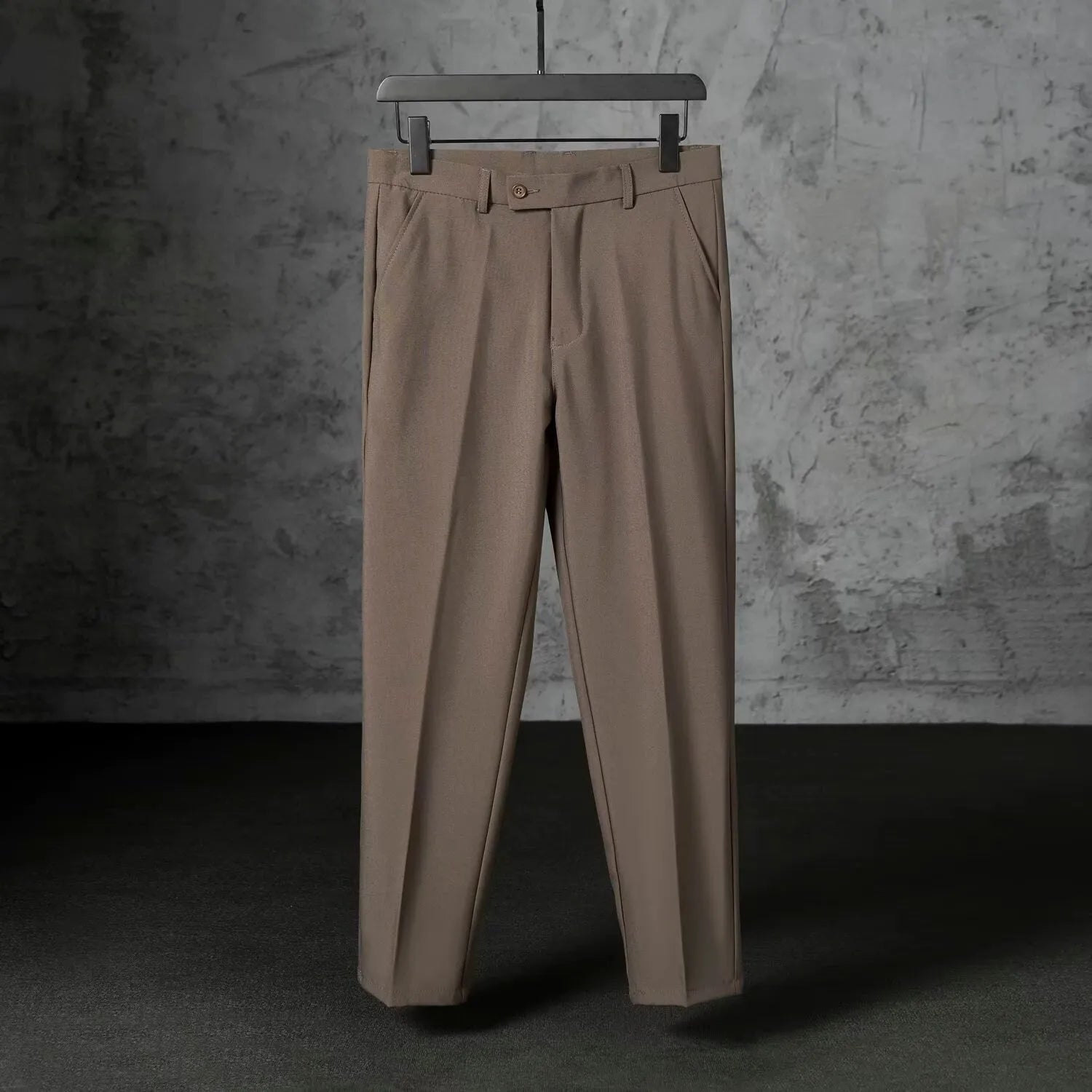 Men's straight loose fit brushed polyester trousers in khaki, side view, size 32