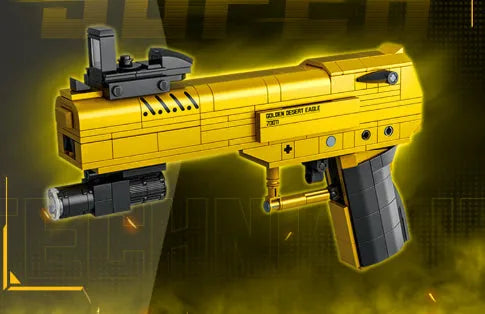 Golden Sand Eagle M416 rifle toy model made from small plastic building blocks, colour box packaging, for teenagers