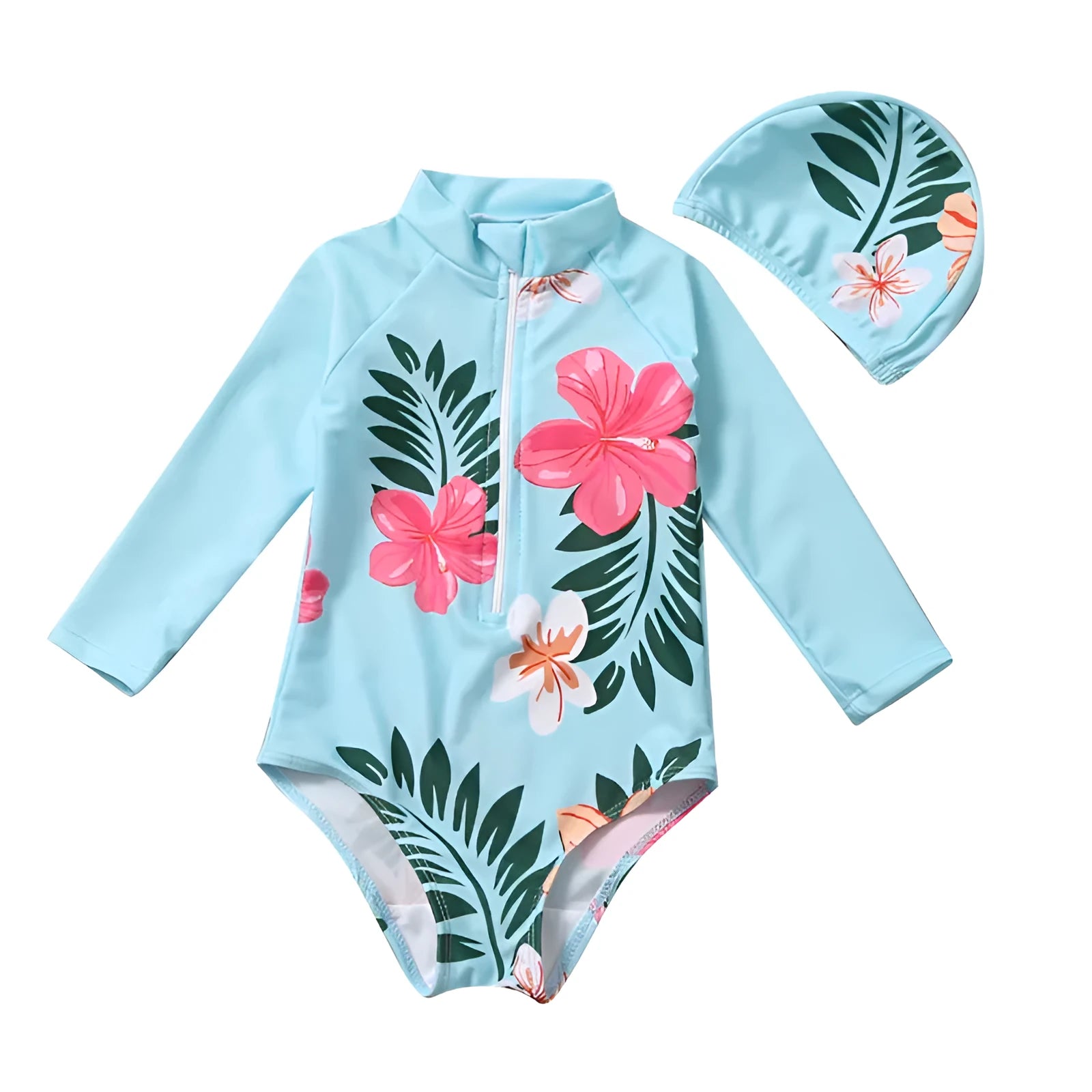 Children's blue polyester one-piece sunscreen swimsuit with print pattern for beach wear