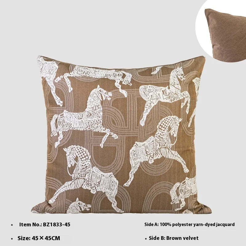 Chinese style square cushion in brown Maillard colour on a sofa.