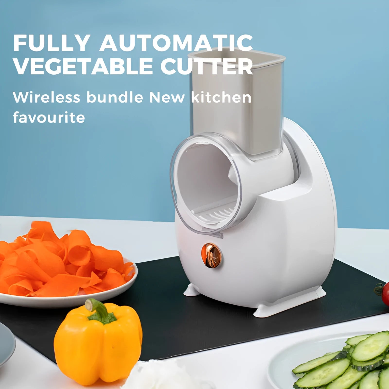 White electric vegetable slicer with suction base and interchangeable blades on kitchen counter