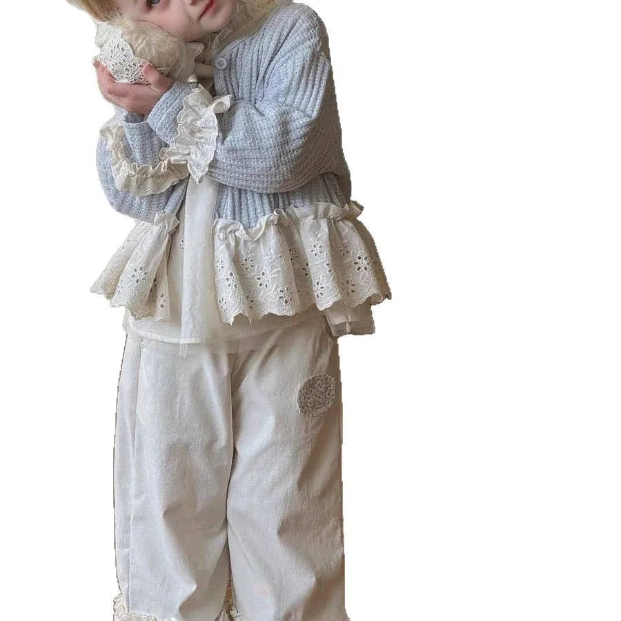 Girls' mori style three-piece suit with knitted cardigan, beige shirt, and patchwork wide-leg pants