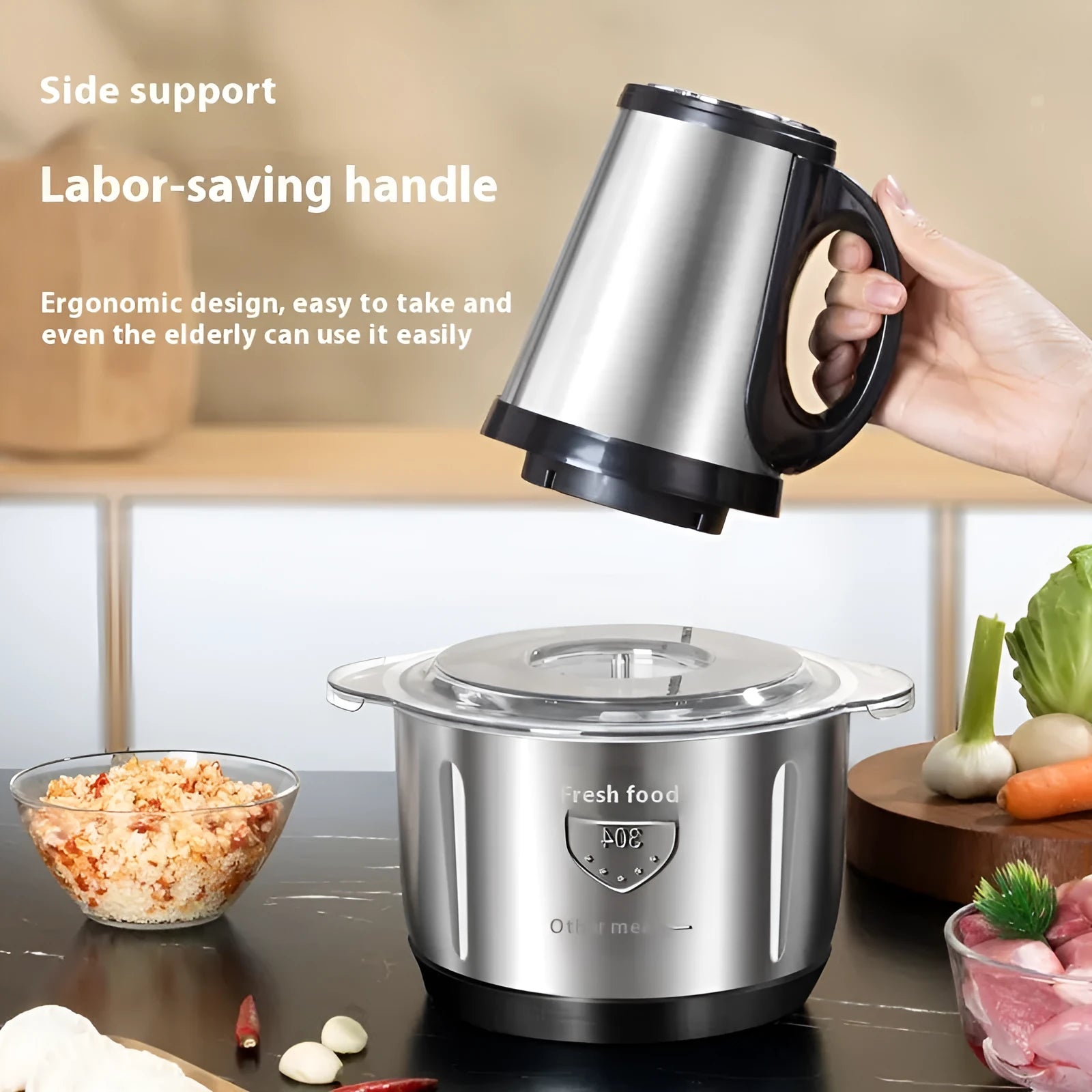 2L stainless steel semi-automatic meat grinder with adjustable speed knob on countertop