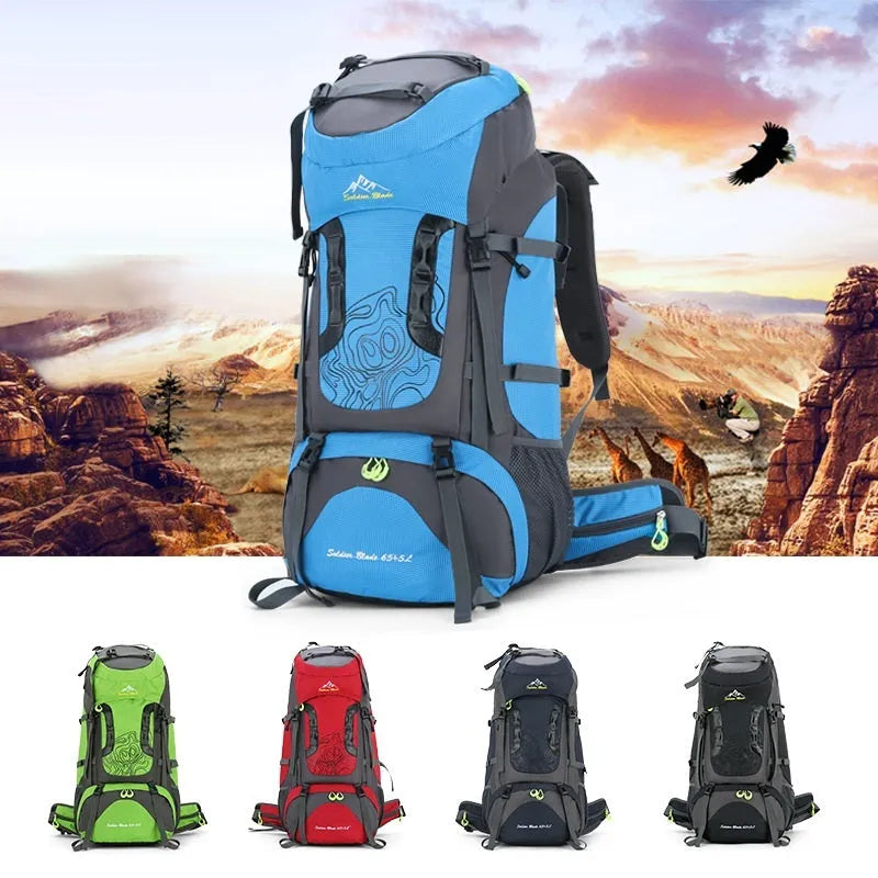 Waterproof polyester hiking camping backpack, 56-75L, 73 x 33 x 23cm, geometric pattern, unisex