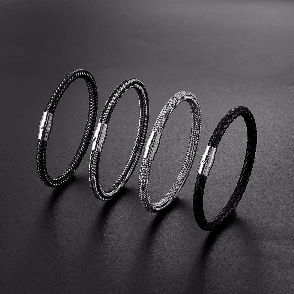 Geometric titanium steel wire bracelet with a magnetic clasp on a wrist, shown in a silver tone.