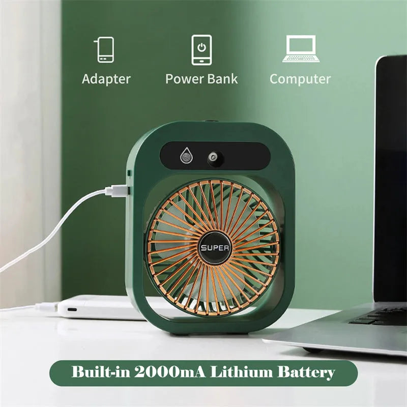 Green and white USB rechargeable misting fan air cooler with humidifier function