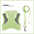 Brown cloth cat harness with hand-held rope chest strap shown on a sizing chart.