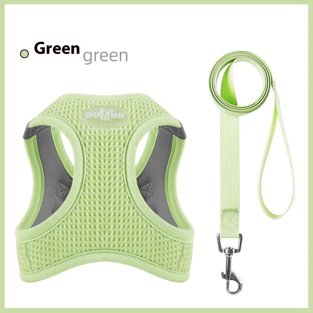 Brown cloth cat harness with hand-held rope chest strap shown on a sizing chart.