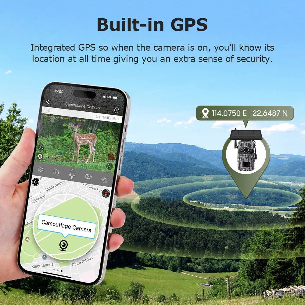 4G solar hunting camera with GPS positioning, 15m infrared night vision, and IP65 waterproof ABS/PC body