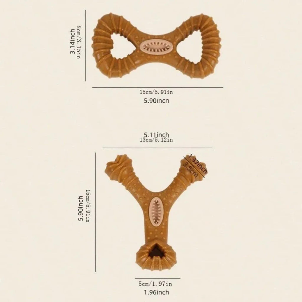 Durable rubber dog chew bone toy in Y-shape and 8-shape designs for teeth cleaning.