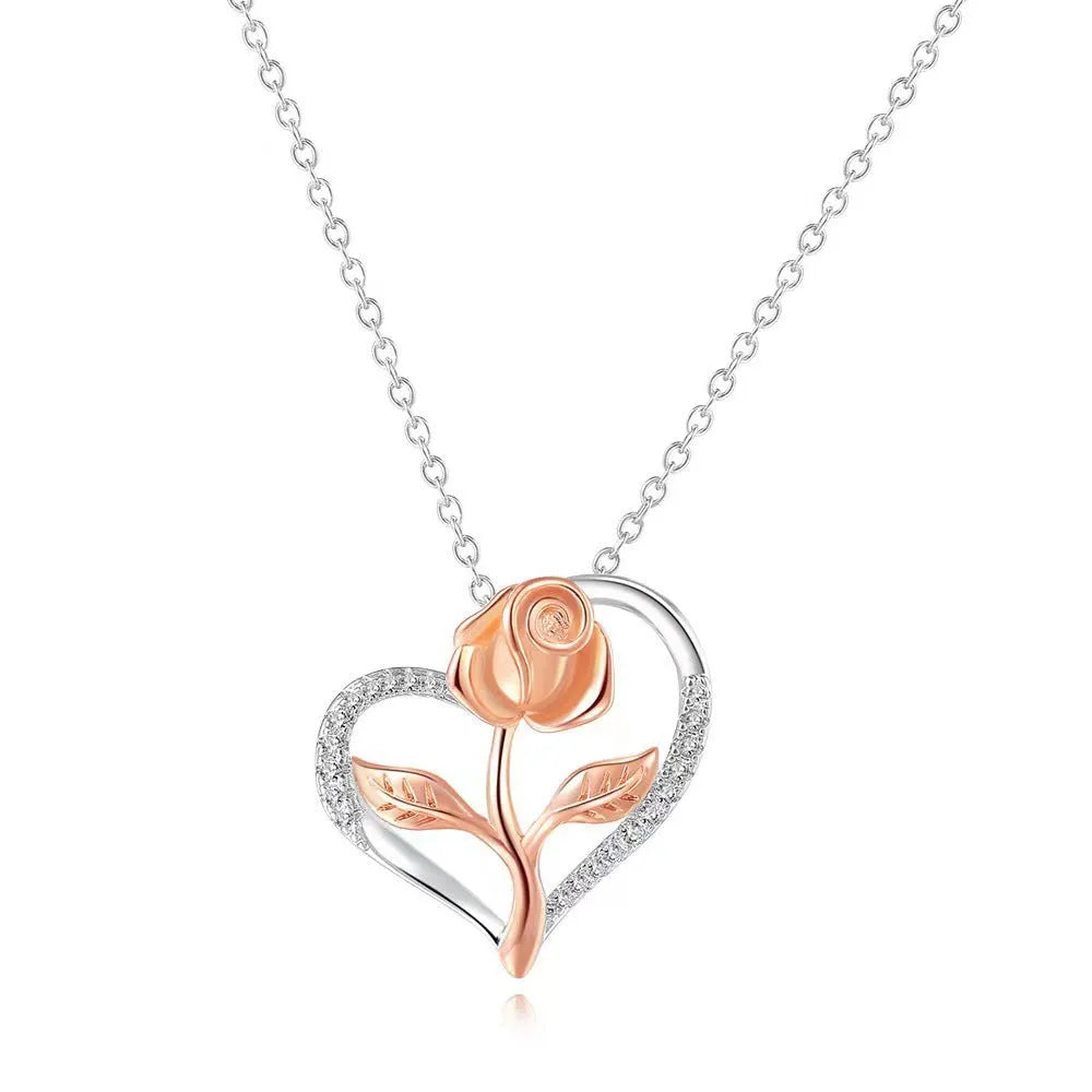 925 silver heart-shaped rose pendant necklace with electroplated finish on cross chain, unisex style