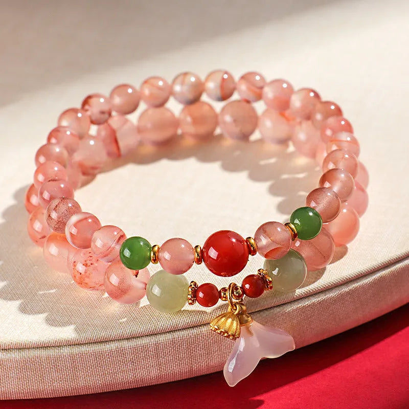 Handmade ice floating south red white agate fishtail bracelet with adjustable cord