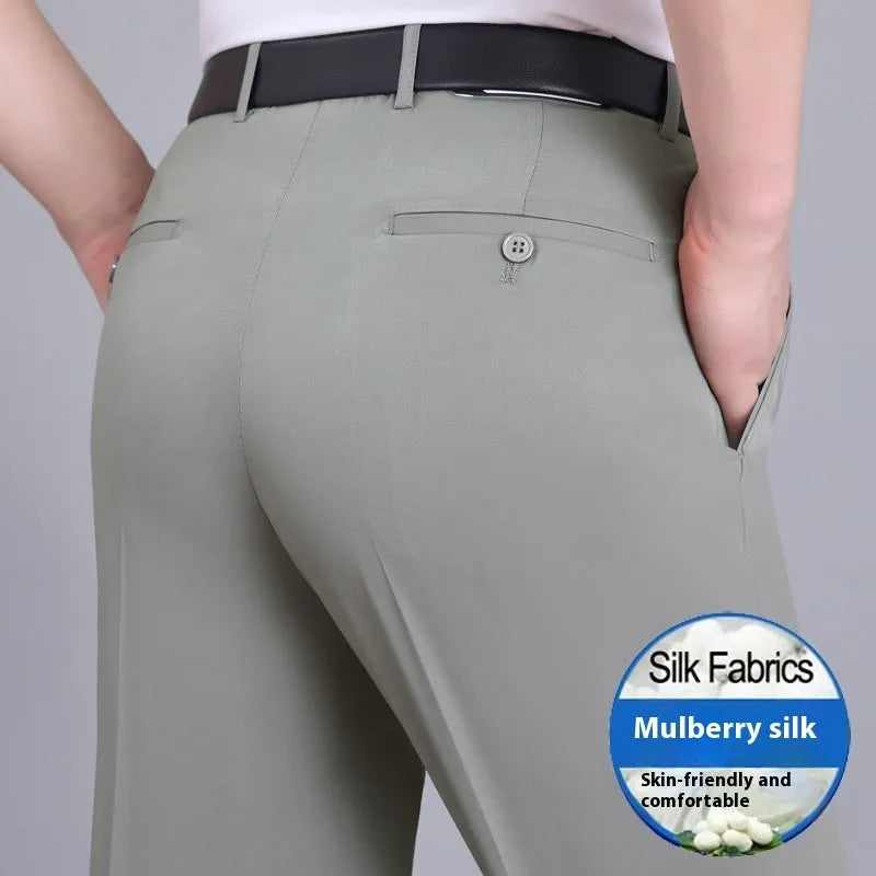 Men's straight leg business trousers in a mulberry silk blend fabric, shown in a dark blue colour.