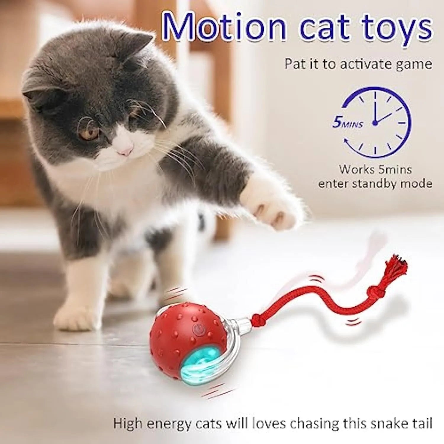 Red motion-activated chirping cat toy rolling on carpet with fast action