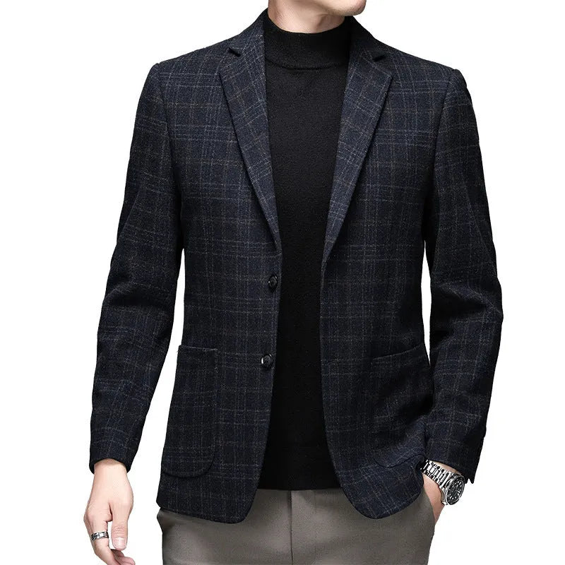 Men's solid colour loose-fit woolen winter jacket on a hanger.