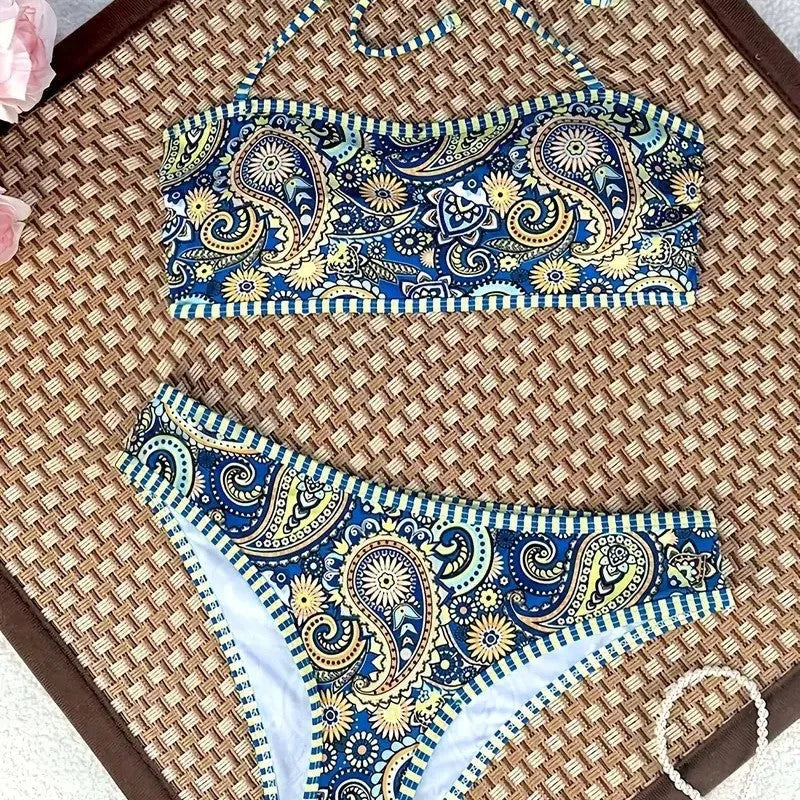 Spaghetti-strap floral print bikini swimsuit for women with polyester fabric and spandex lining in briefs style
