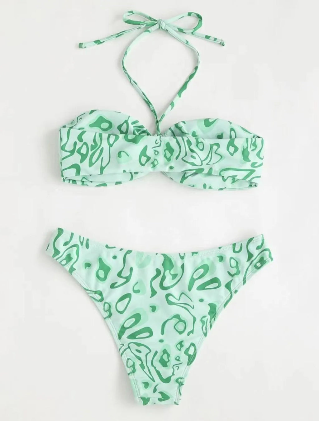 Green floral bandeau bikini split swimsuit with high elasticity polyester fabric