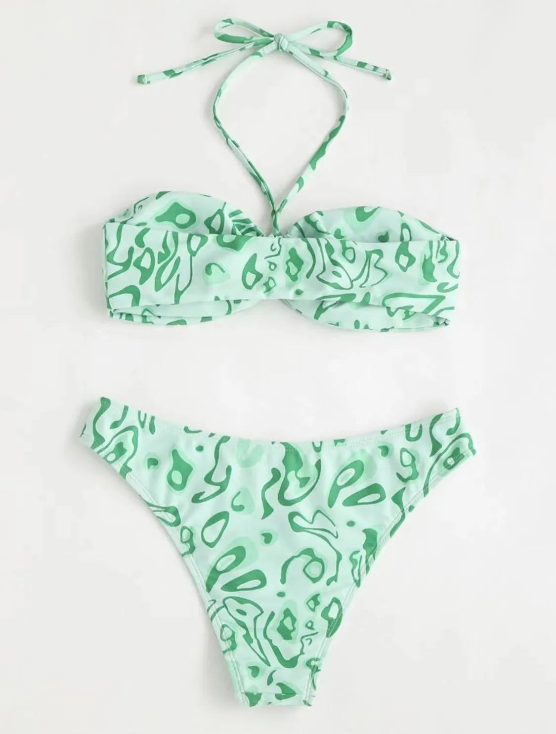 Green floral bandeau bikini split swimsuit with high elasticity polyester fabric